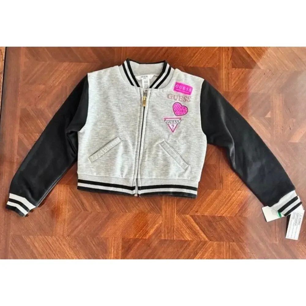 Guess Kids Gray Black Varsity Zip Jacket NWT Size 6X Logo Jacket